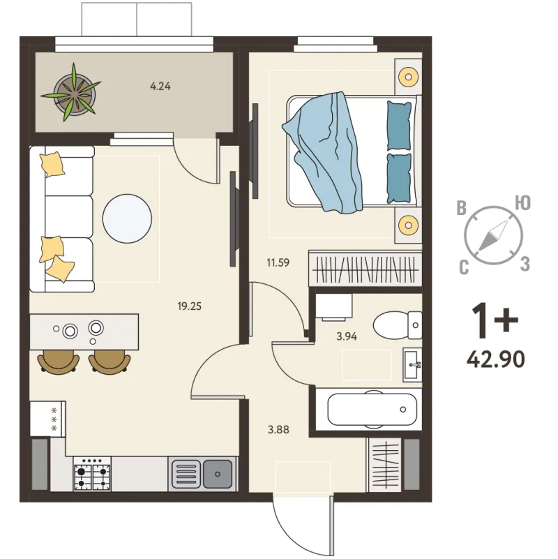 1-комн. 40.8 м²