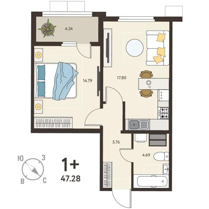 1-комн. 45.2 м²