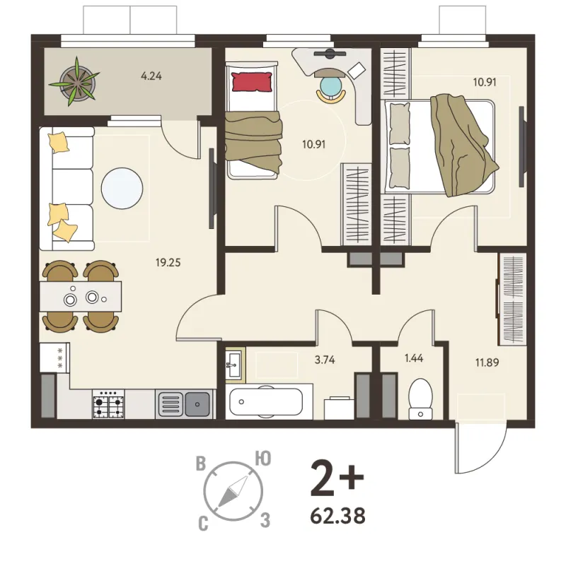 2-комн. 60.3 м²
