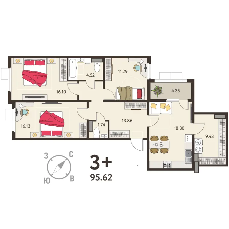 3-комн. 93.5 м²