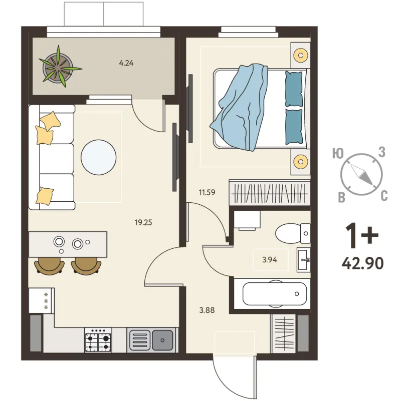 1-комн. 40.8 м²