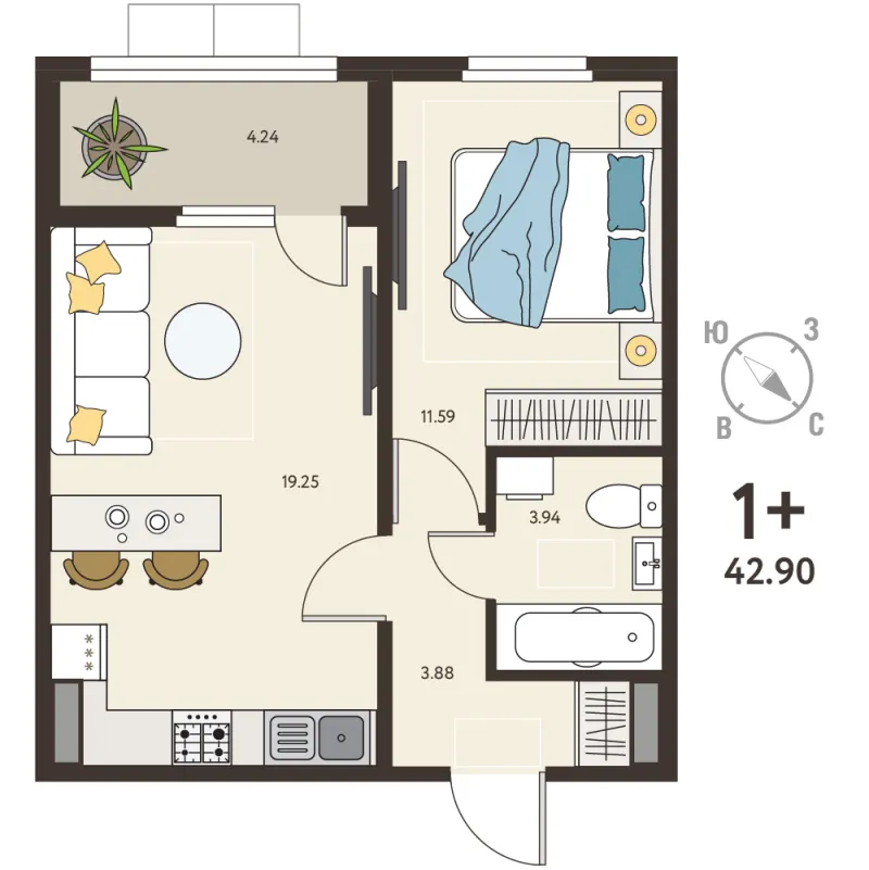 1-комн. 40.8 м²