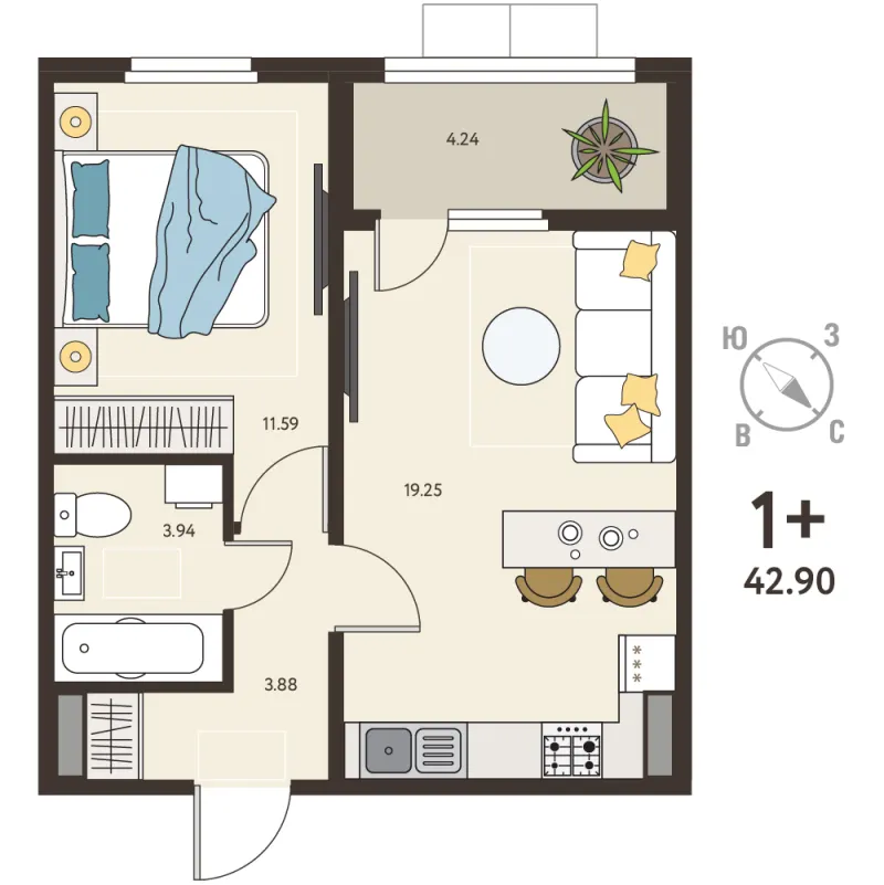1-комн. 40.8 м²