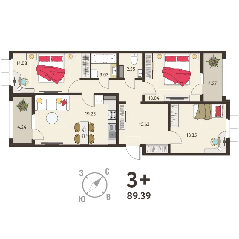 3-комн. 85.1 м²