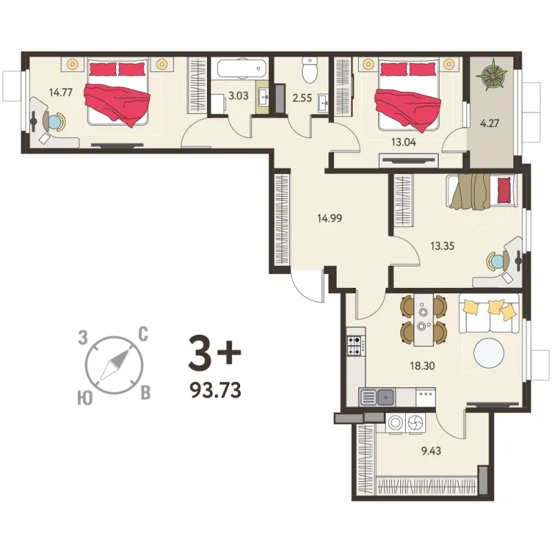 3-комн. 91.6 м²