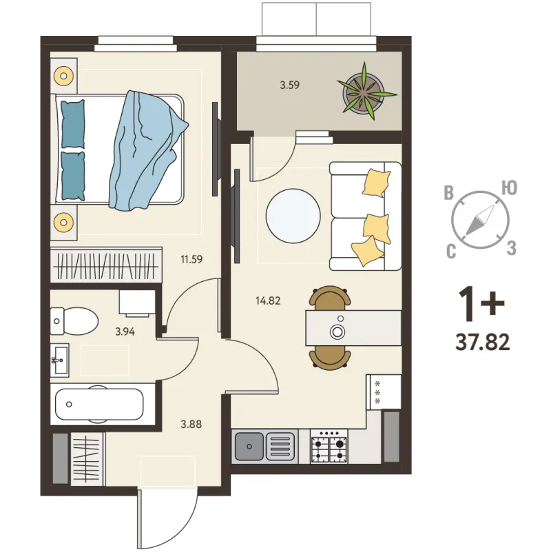 1-комн. 36 м²