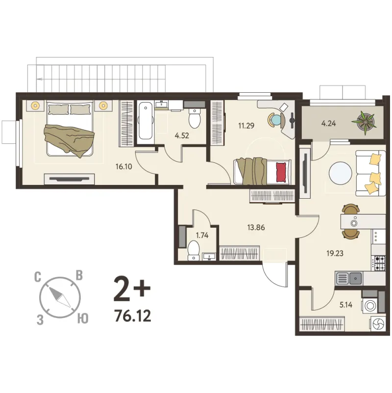 2-комн. 74 м²
