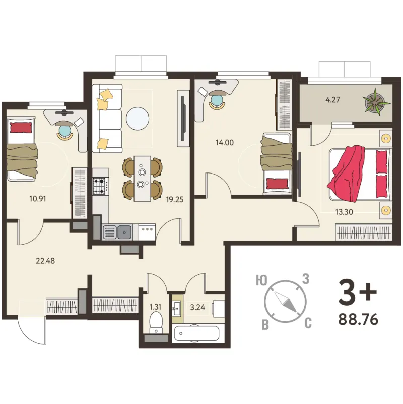 3-комн. 86.6 м²