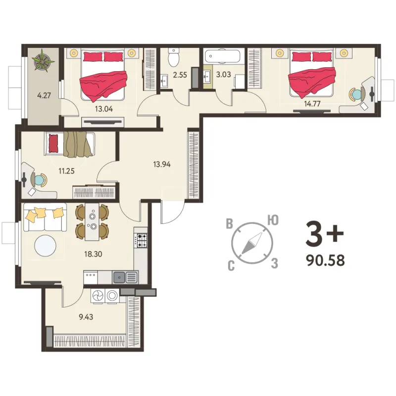 3-комн. 88.5 м²