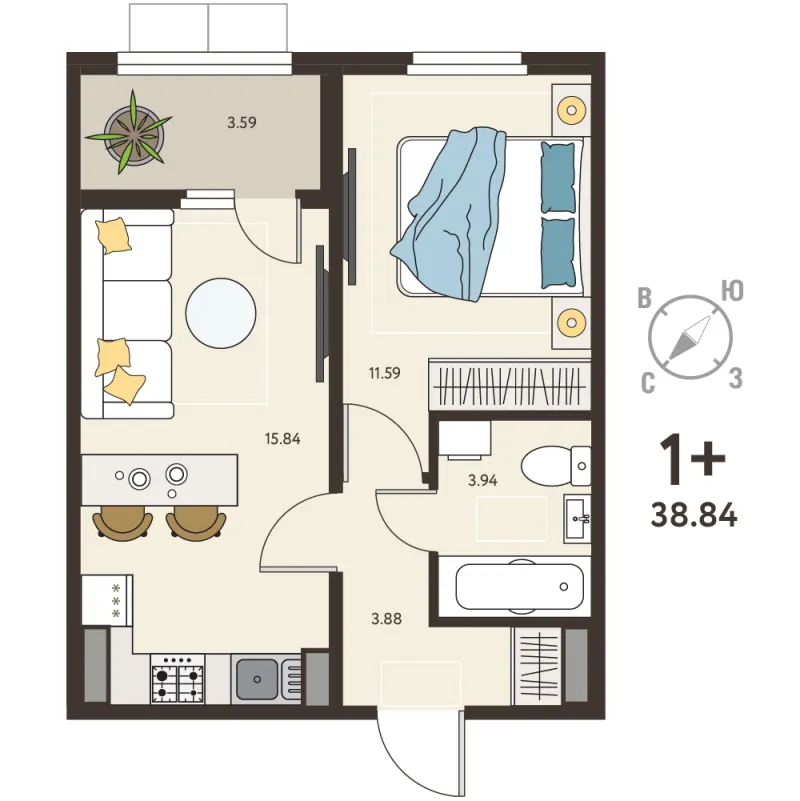 1-комн. 37.1 м²