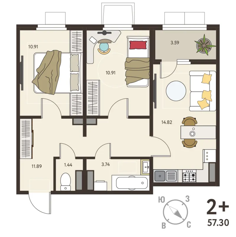 2-комн. 55.5 м²