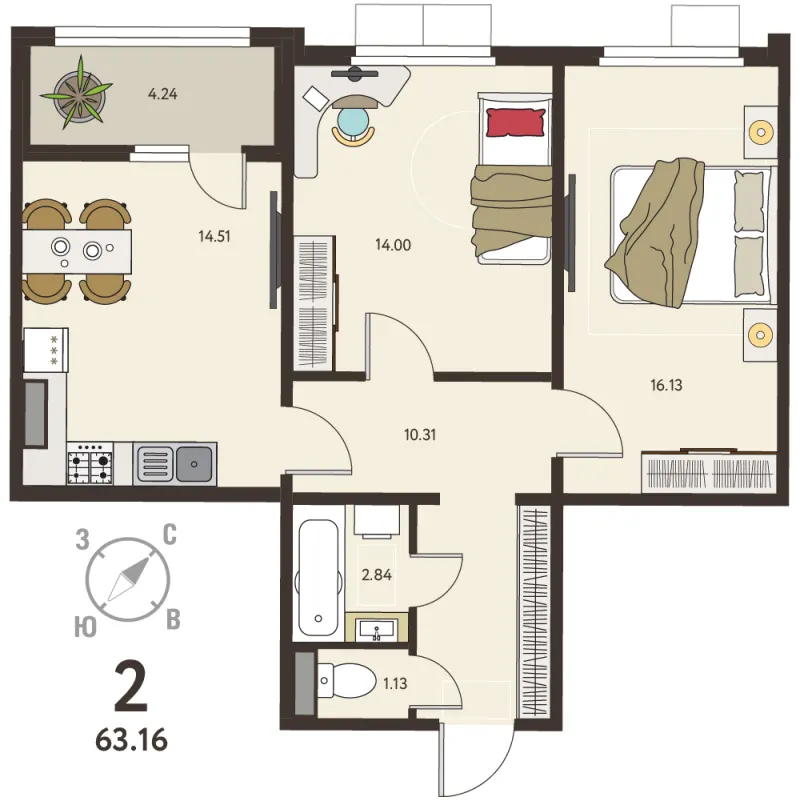 2-комн. 61 м²