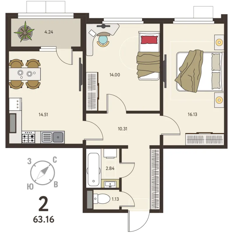 2-комн. 61 м²