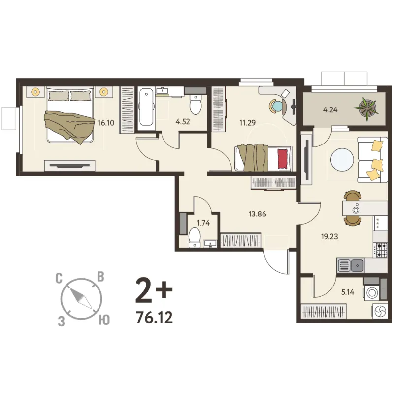 2-комн. 74 м²