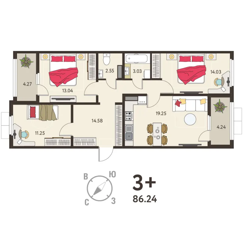 3-комн. 82 м²