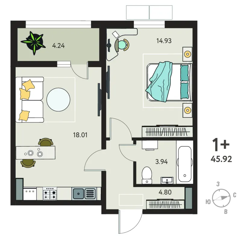 1-комн. 44.5 м²