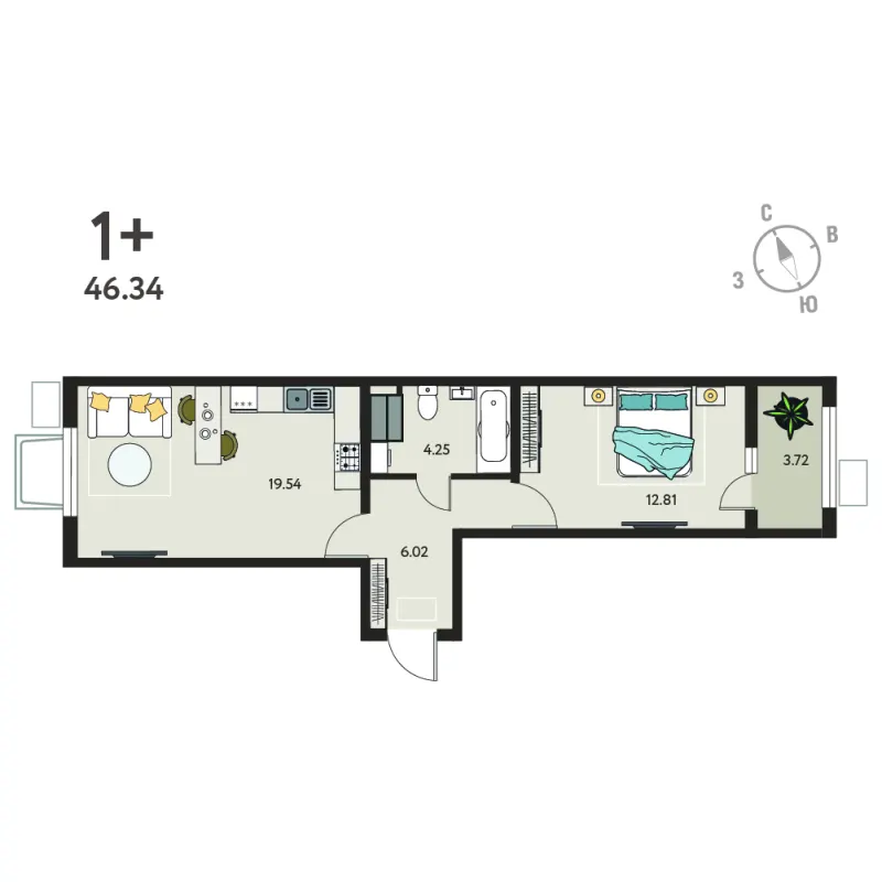 1-комн. 43.8 м²