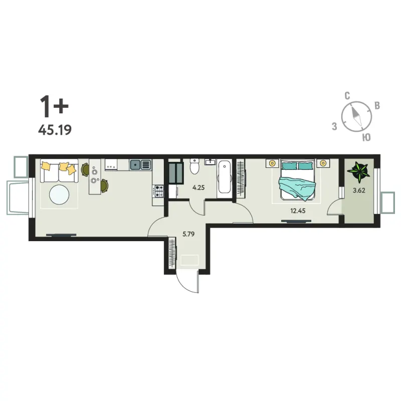 1-комн. 43.4 м²