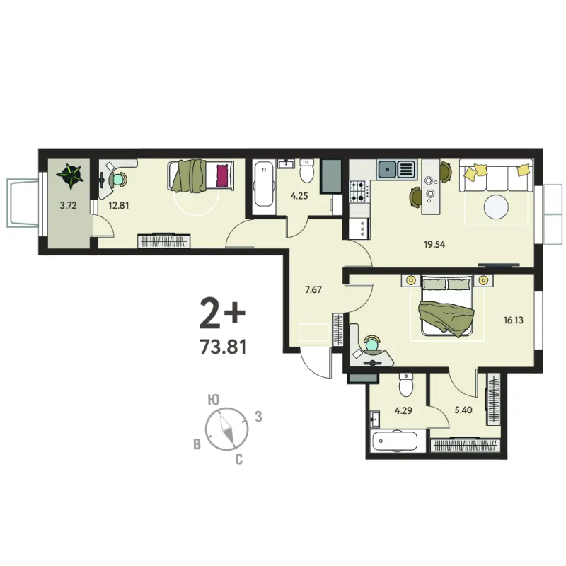 2-комн. 72 м²