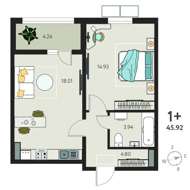1-комн. 43.8 м²