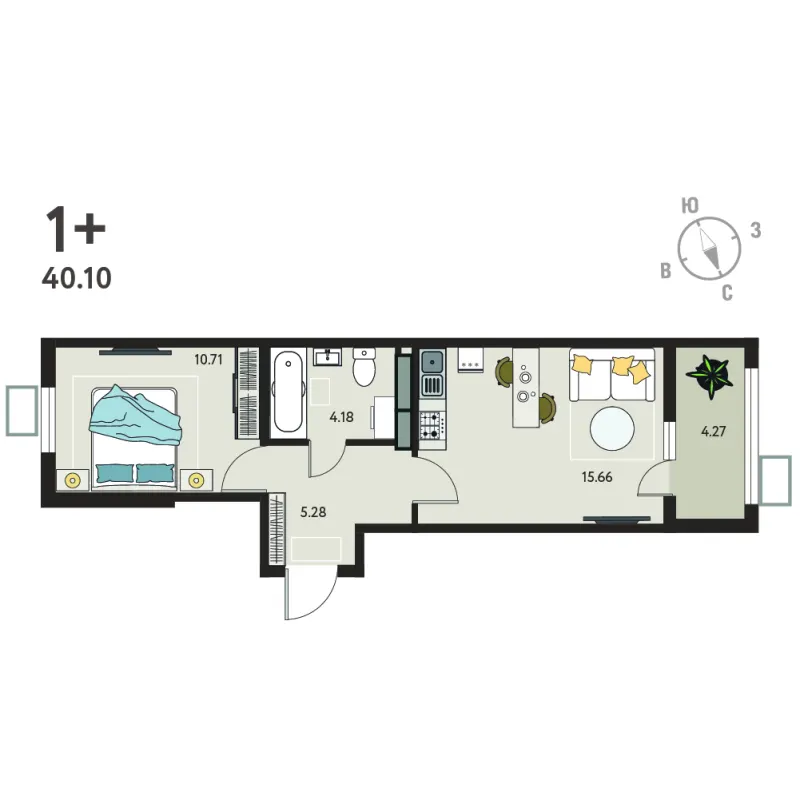 1-комн. 39.5 м²