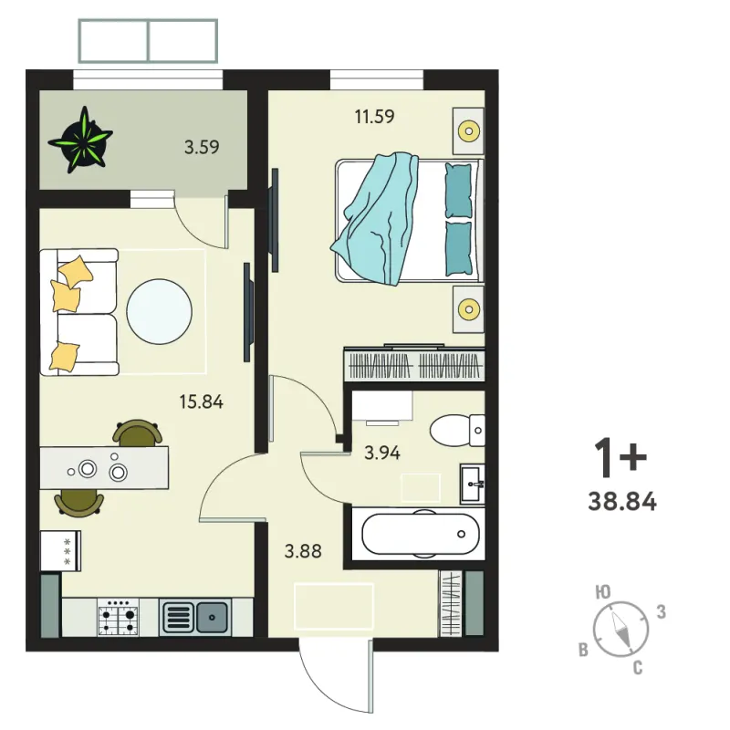 1-комн. 37.1 м²