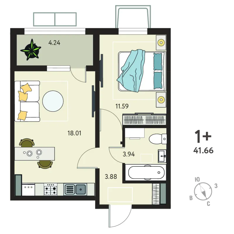 1-комн. 39.5 м²