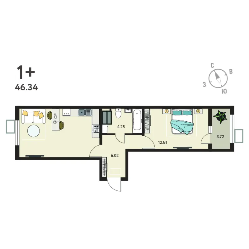 1-комн. 44.5 м²