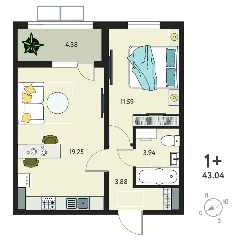 1-комн. 40.9 м²