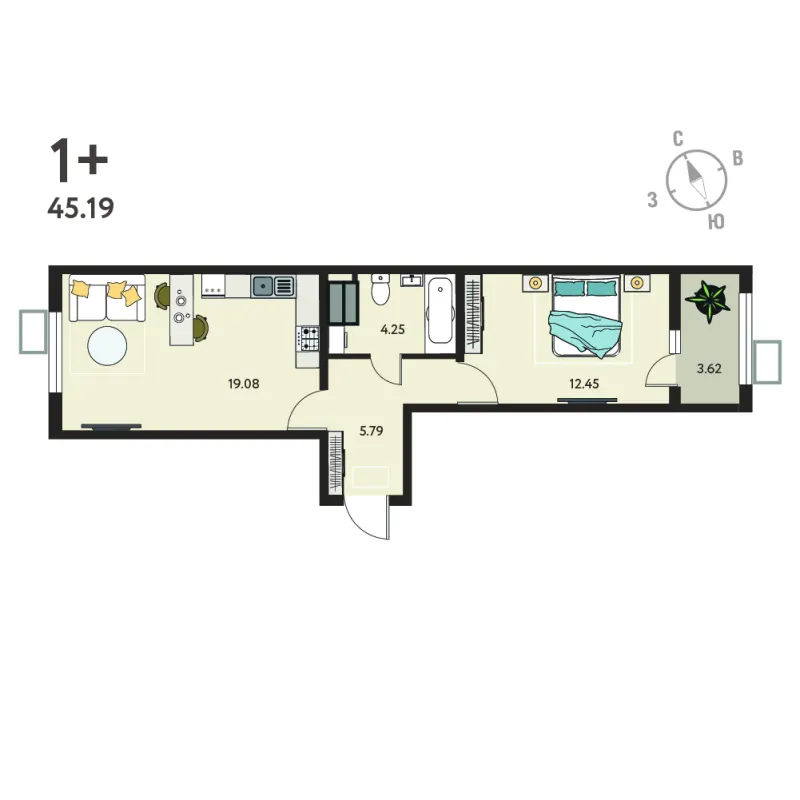 1-комн. 43.4 м²