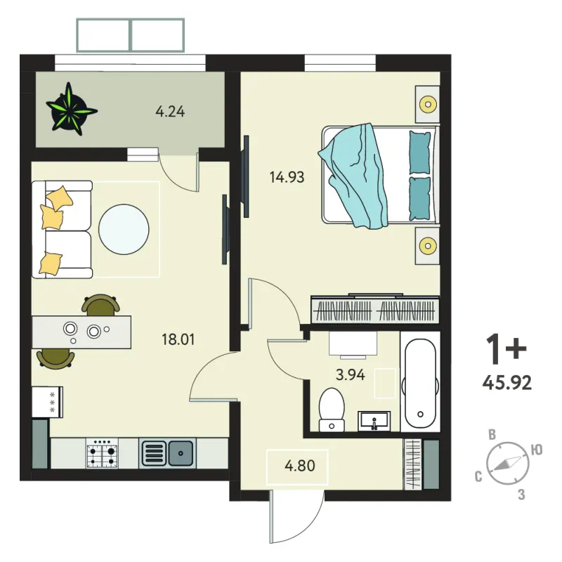 1-комн. 43.8 м²