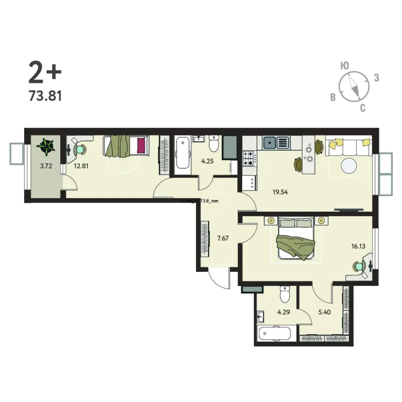 2-комн. 72 м²