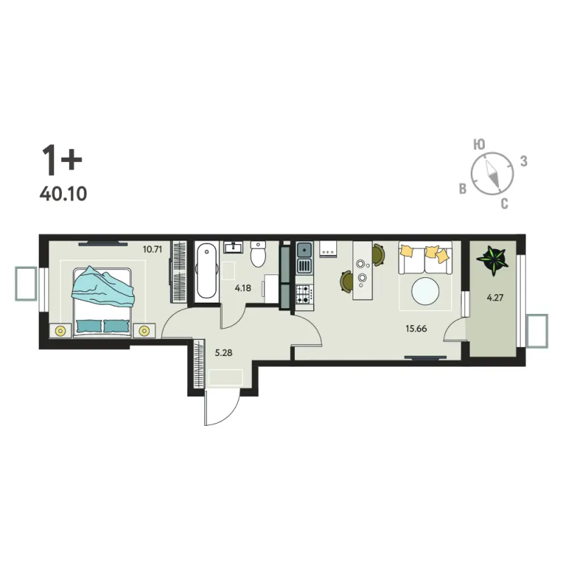 1-комн. 38 м²