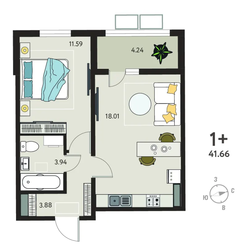 1-комн. 39.5 м²