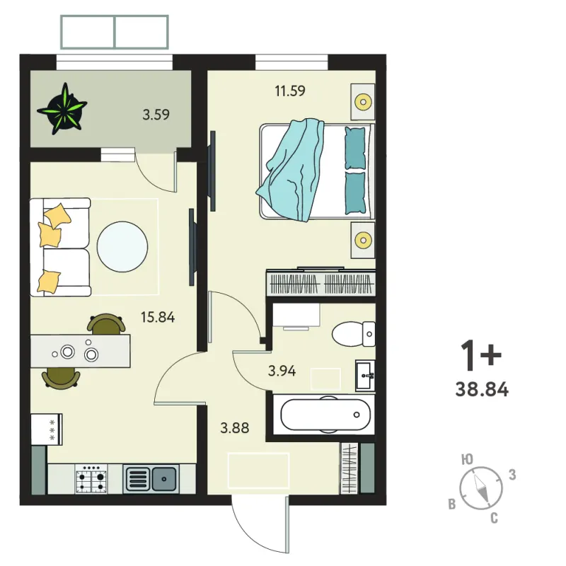 1-комн. 37.1 м²