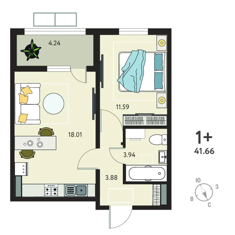 1-комн. 39.5 м²