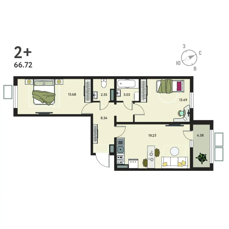 2-комн. 64.5 м²