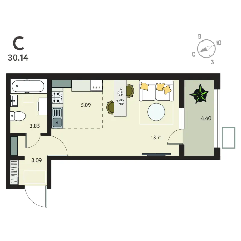 Студия 27.9 м²
