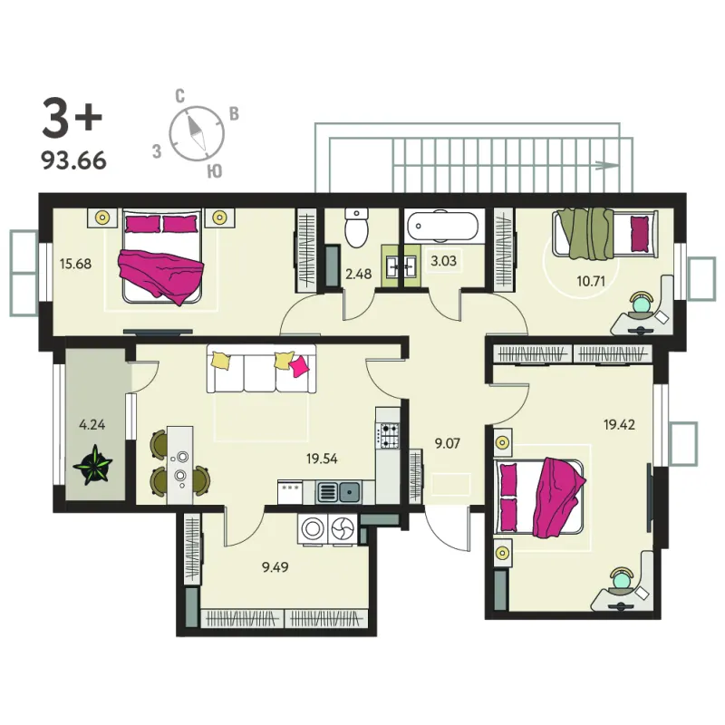 3-комн. 91.5 м²
