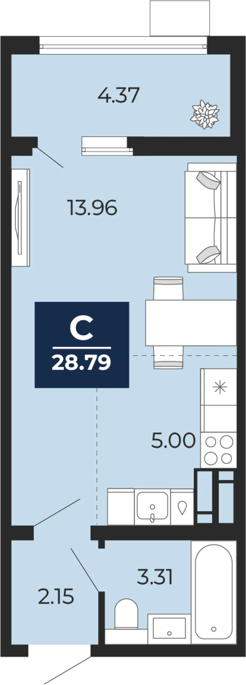 Студия 28.8 м²