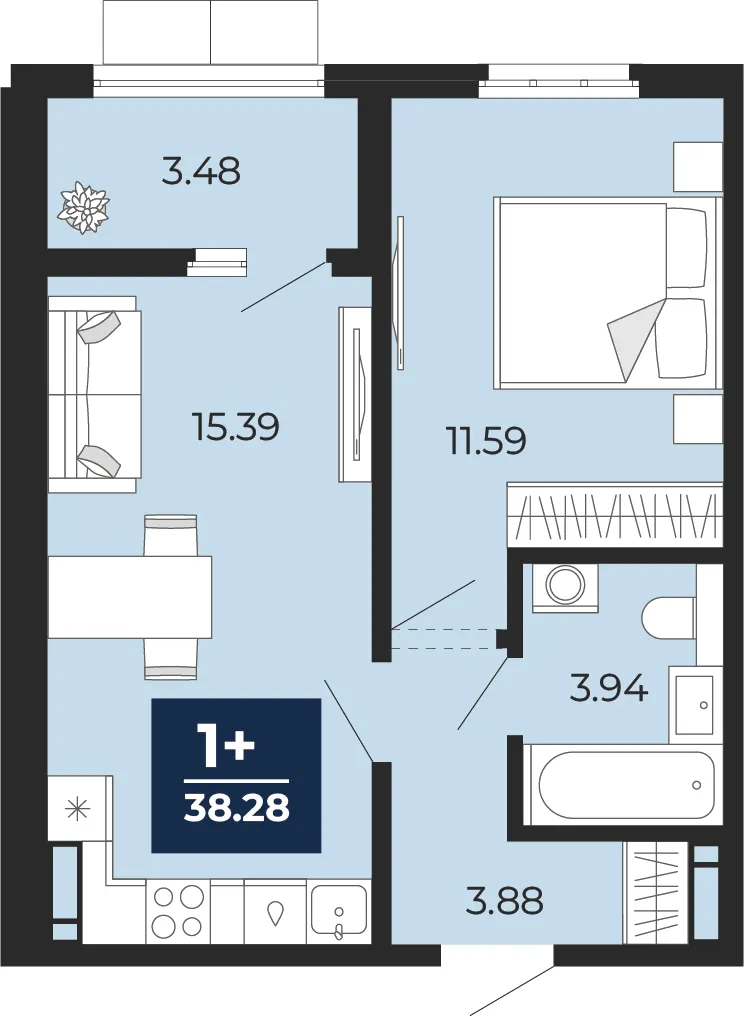 1-комн. 38.3 м²