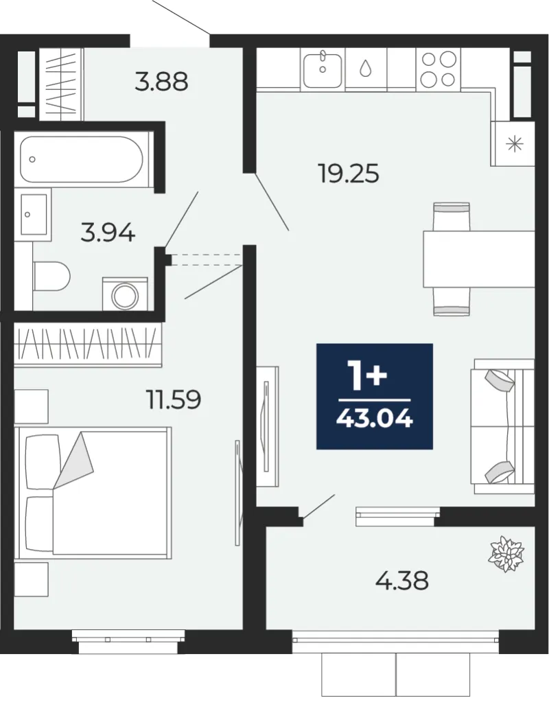 1-комн. 43 м²