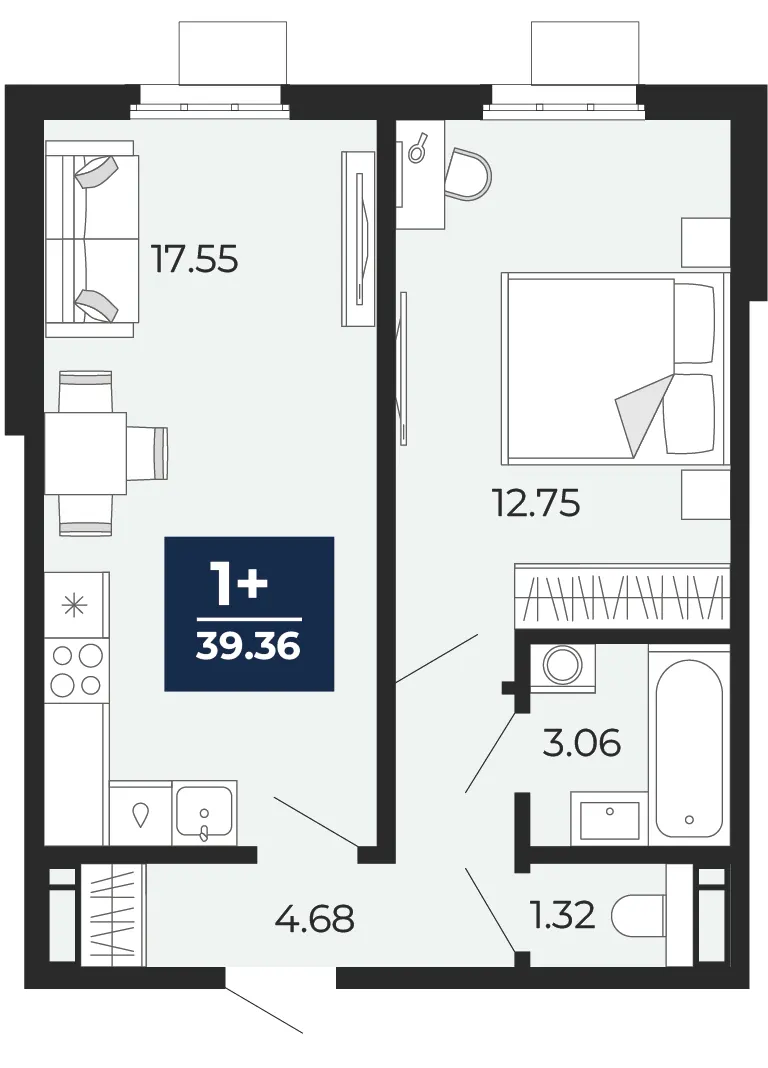 1-комн. 39.4 м²