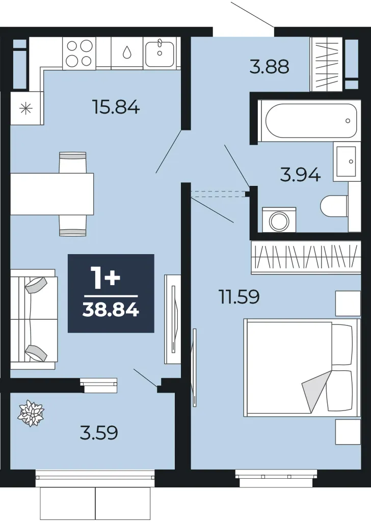 1-комн. 38.8 м²