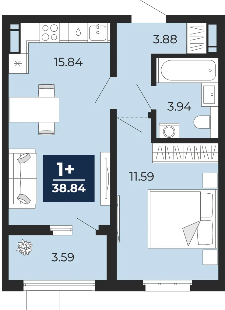 1-комн. 38.8 м²