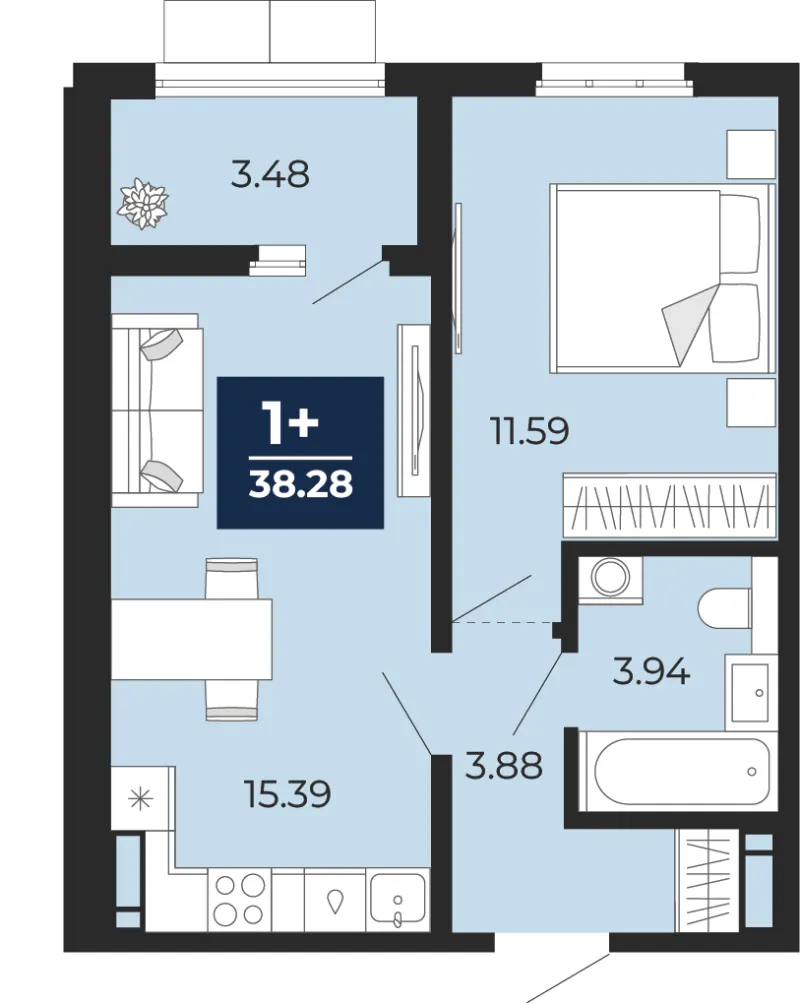 1-комн. 38.3 м²