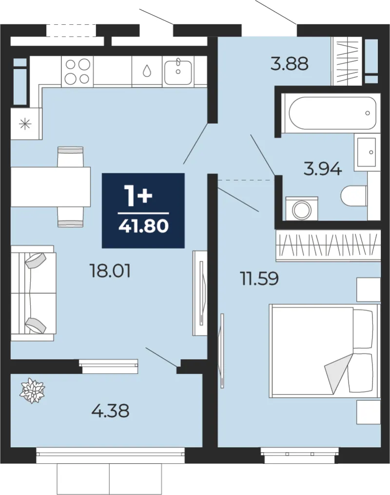 1-комн. 41.8 м²