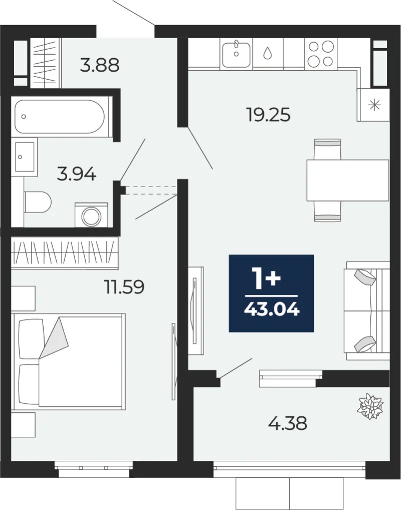 1-комн. 43 м²