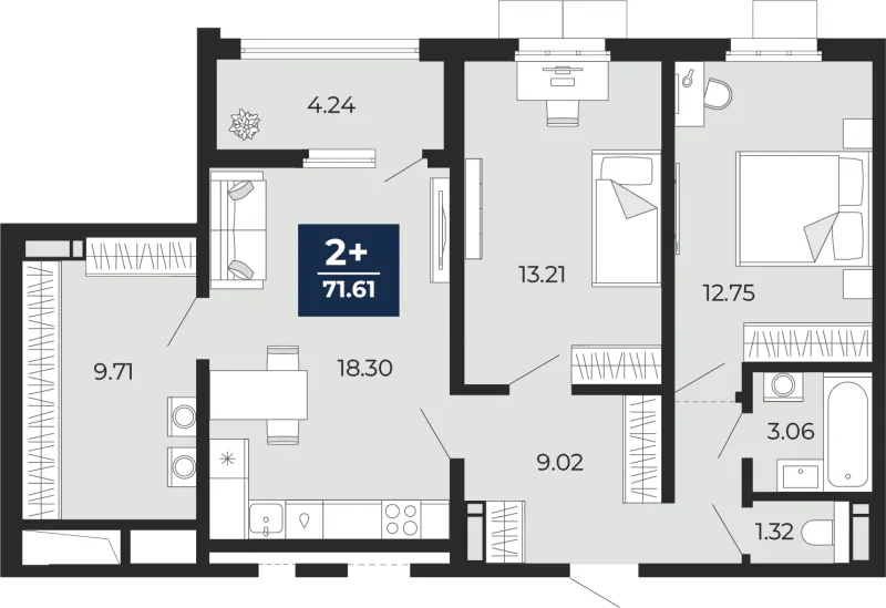 2-комн. 71.6 м²