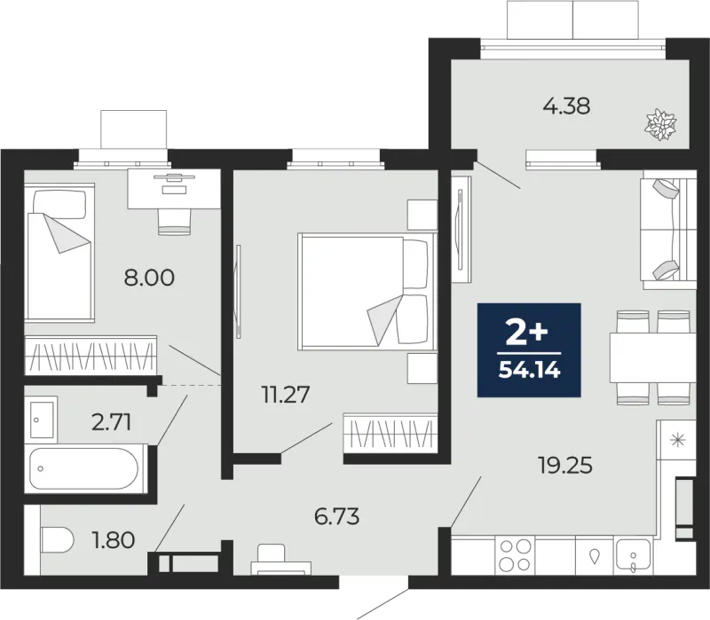 2-комн. 54.1 м²